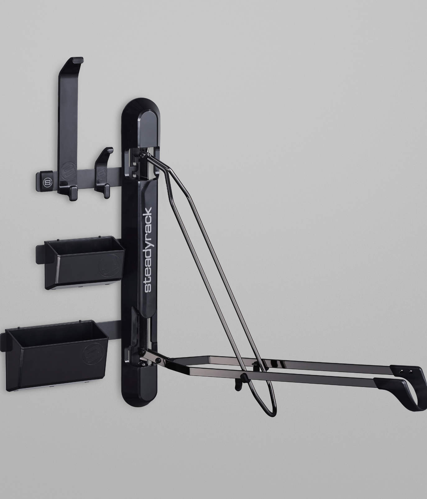 A rack and storage components on a grey background. 