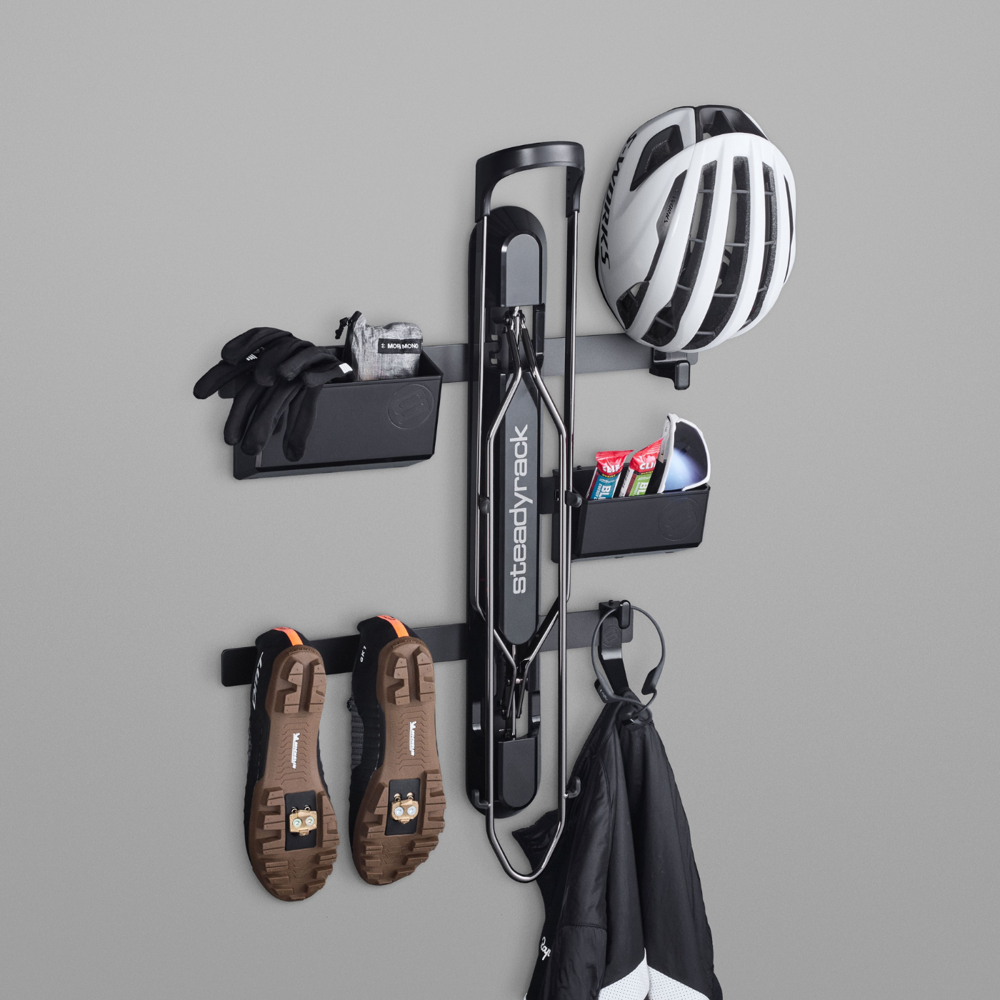 A ProFlex Rack and GearMate system n a grey background. 