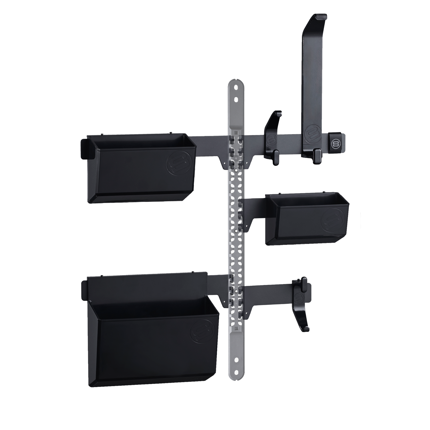 A black GearMate storage organizer system designed for cycling gear, featuring various compartments and mounts.