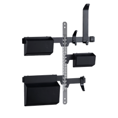 A black GearMate storage organizer system designed for cycling gear, featuring various compartments and mounts.